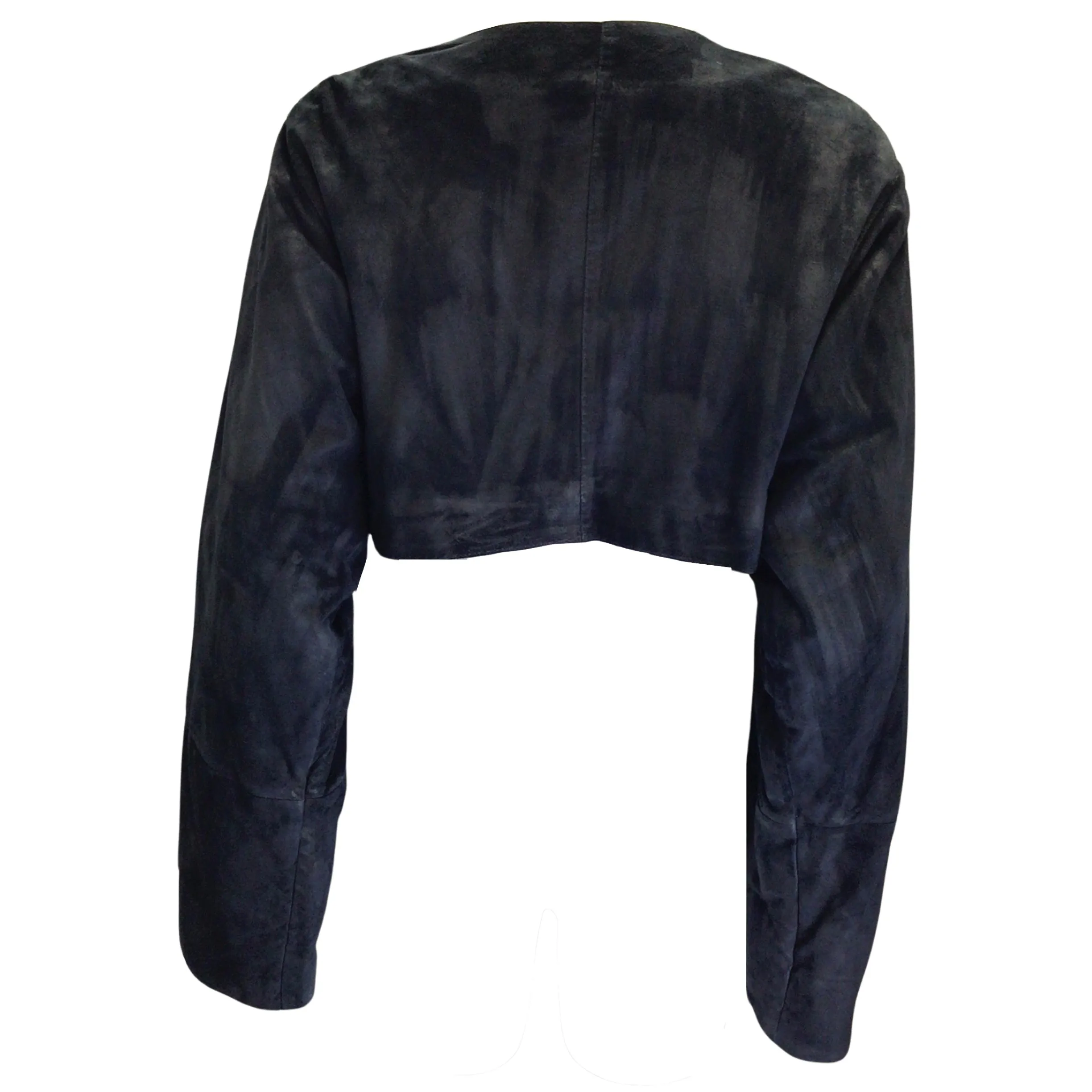 Urban Zen Navy Blue Cropped Long Sleeved Lambskin Suede Leather Jacket