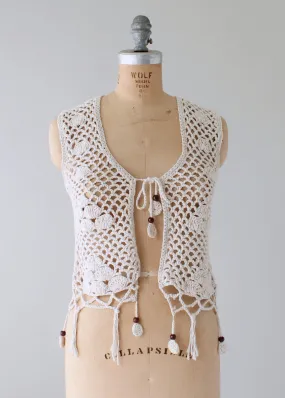 Vintage 1970s Macrame Vest with Wood Beads