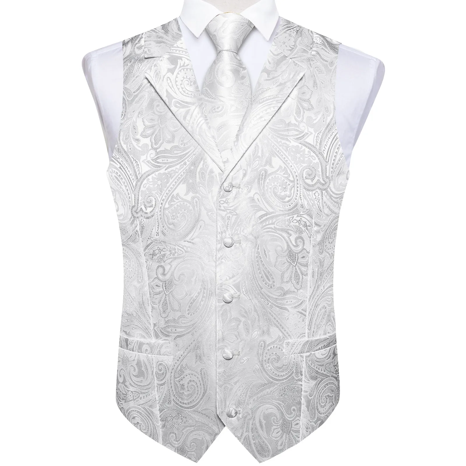 White Paisley Men's Collar Vest Tie Hanky Cufflinks Set Waistcoat Suit Set