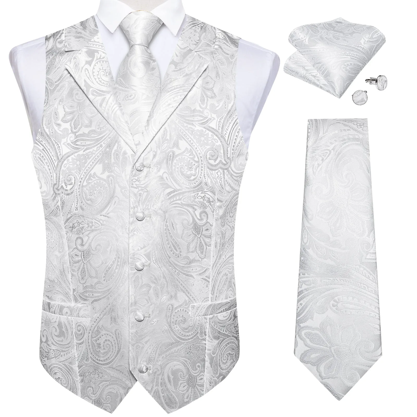 White Paisley Men's Collar Vest Tie Hanky Cufflinks Set Waistcoat Suit Set