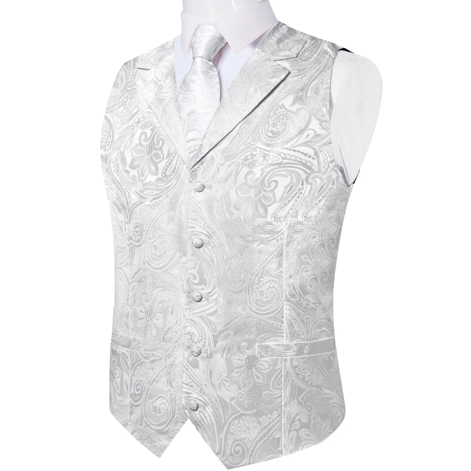 White Paisley Men's Collar Vest Tie Hanky Cufflinks Set Waistcoat Suit Set