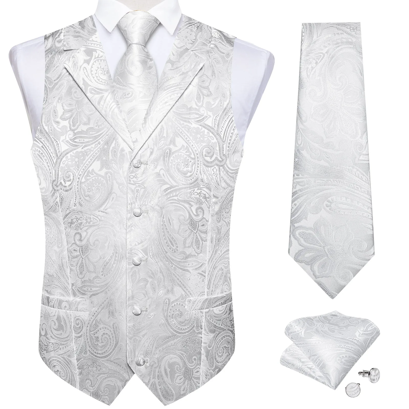 White Paisley Men's Collar Vest Tie Hanky Cufflinks Set Waistcoat Suit Set