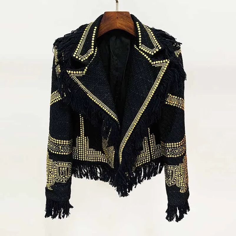 Women Black Blazer With Tassel tweed Jacket Coat