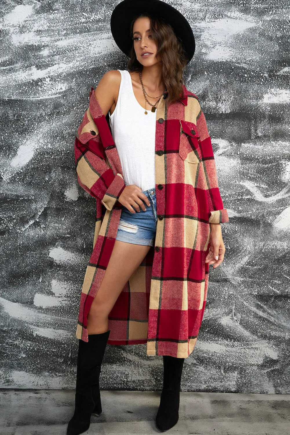 Women's Casual Shacket Jacket Pocketed Plaid Overcoat