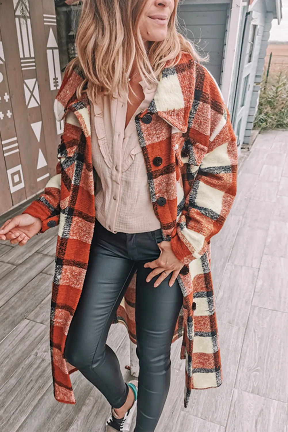 Women's Casual Shacket Jacket Pocketed Plaid Overcoat