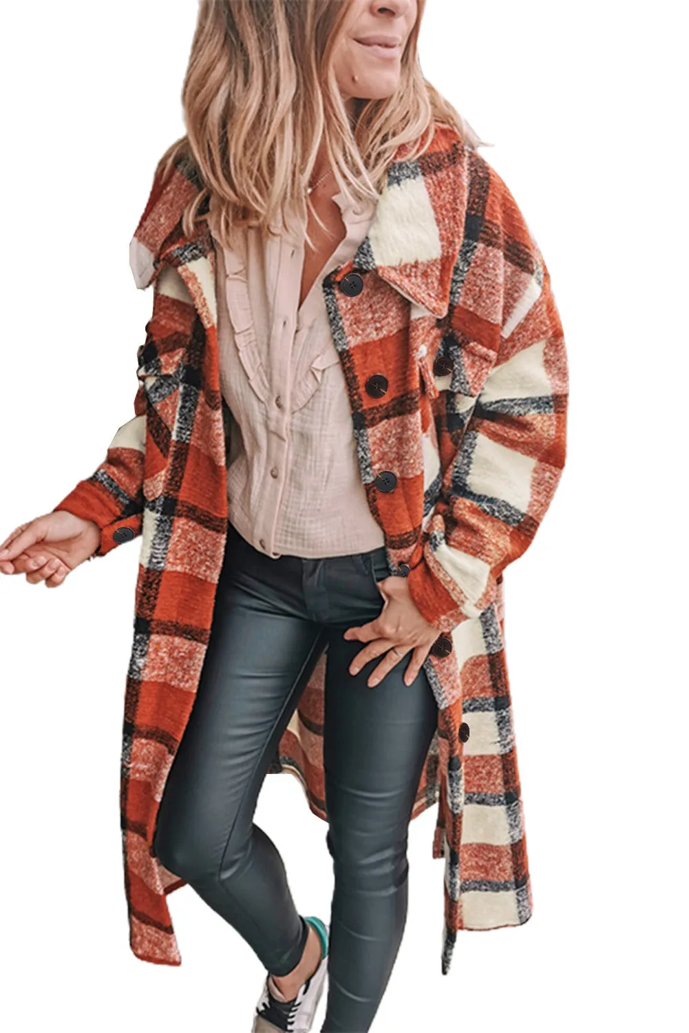 Women's Casual Shacket Jacket Pocketed Plaid Overcoat