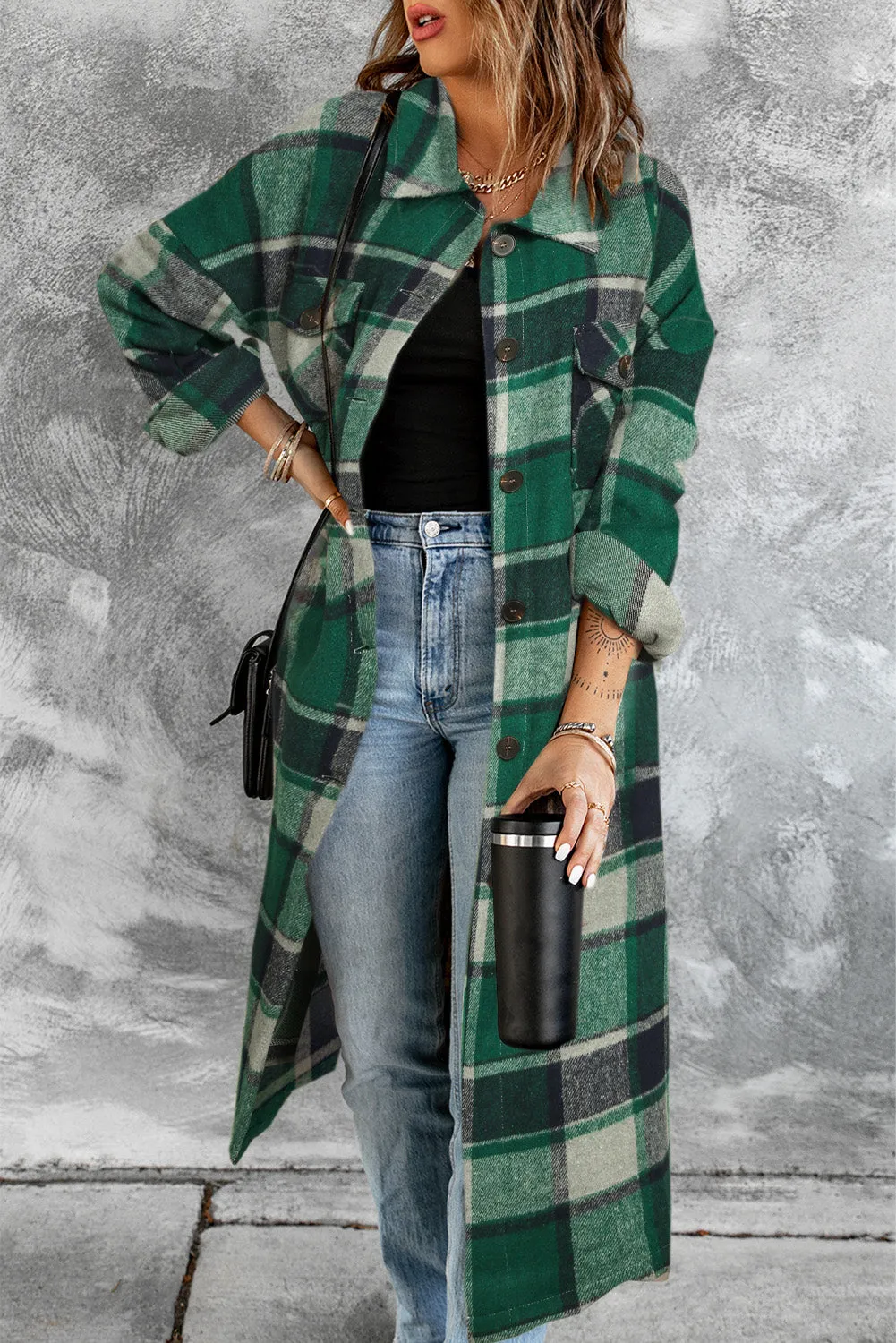 Women's Casual Shacket Jacket Pocketed Plaid Overcoat