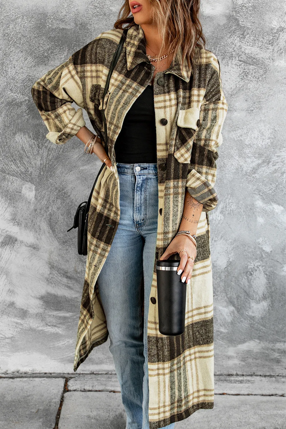 Women's Casual Shacket Jacket Pocketed Plaid Overcoat