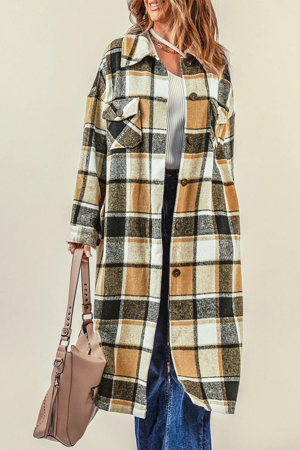 Women's Casual Shacket Jacket Pocketed Plaid Overcoat