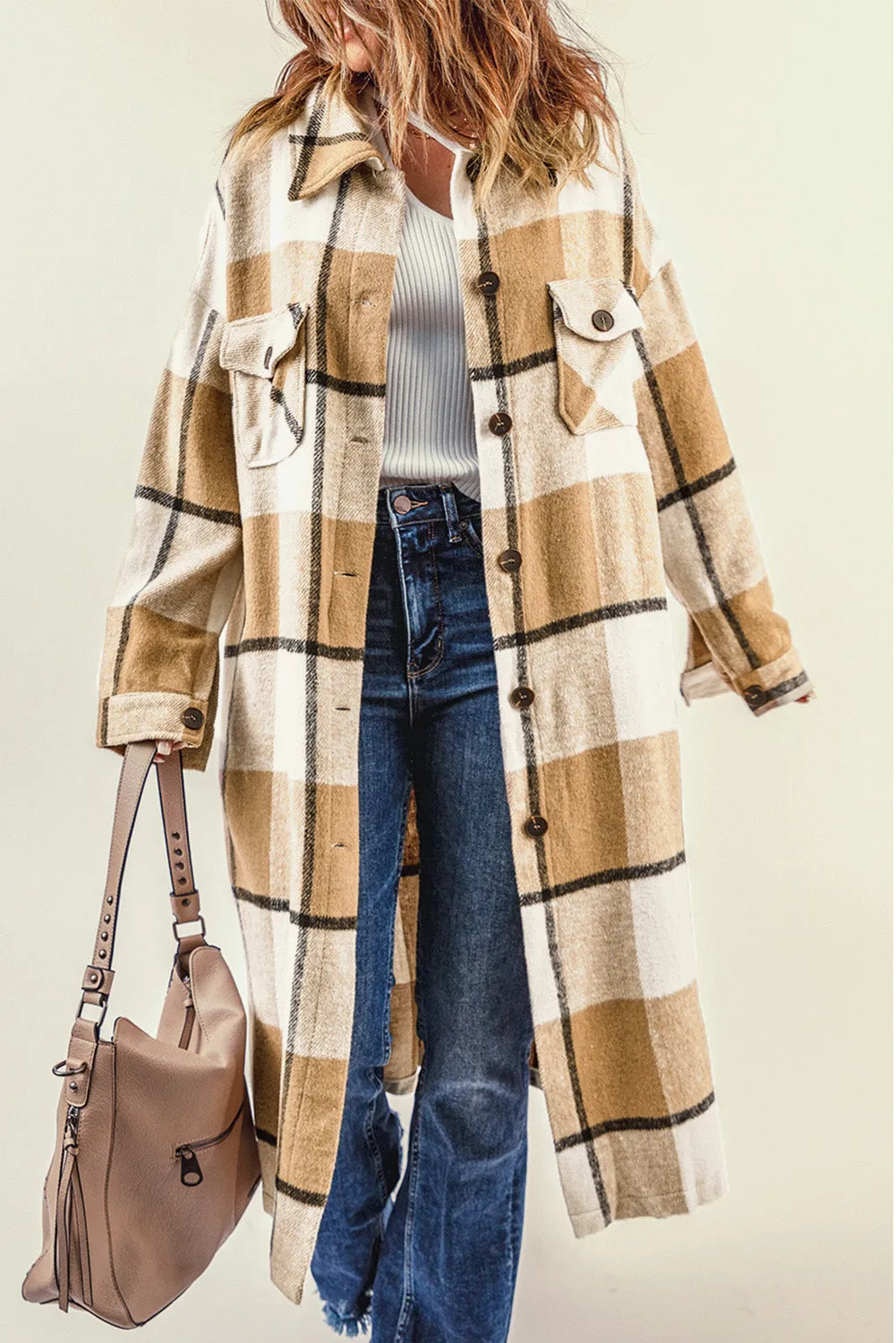 Women's Casual Shacket Jacket Pocketed Plaid Overcoat