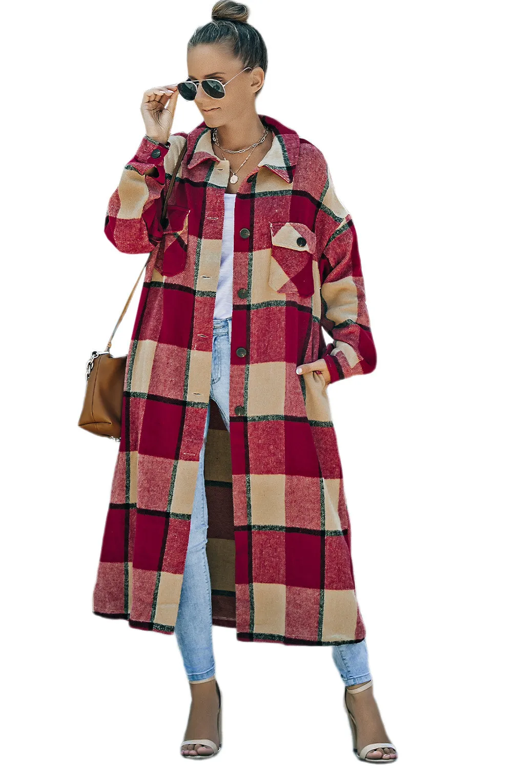 Women's Casual Shacket Jacket Pocketed Plaid Overcoat