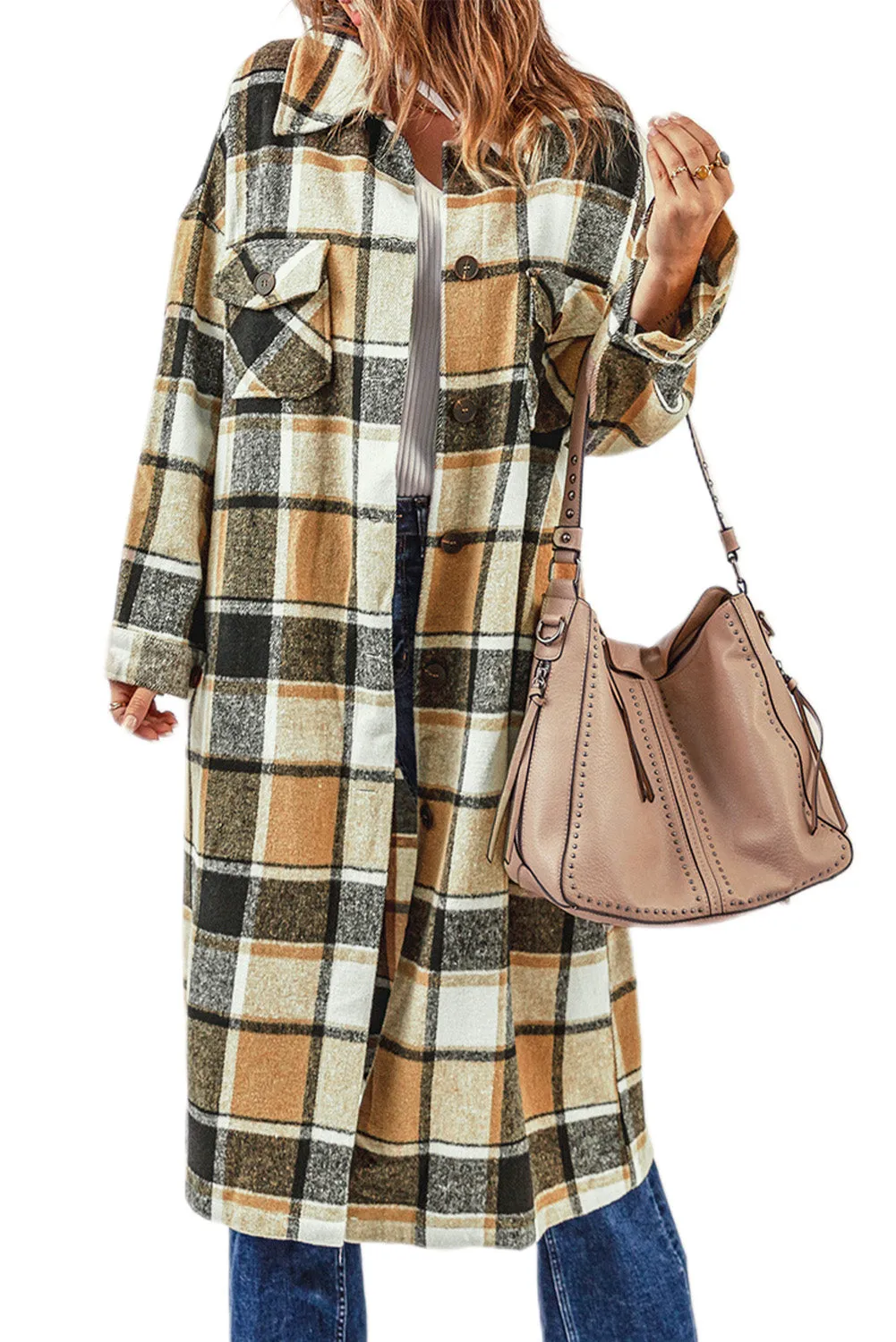 Women's Casual Shacket Jacket Pocketed Plaid Overcoat