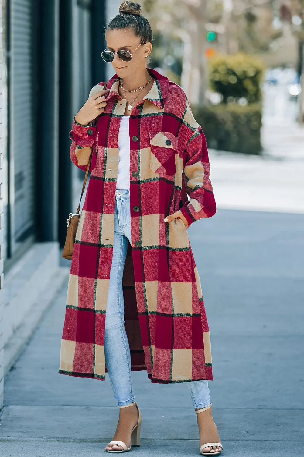 Women's Casual Shacket Jacket Pocketed Plaid Overcoat