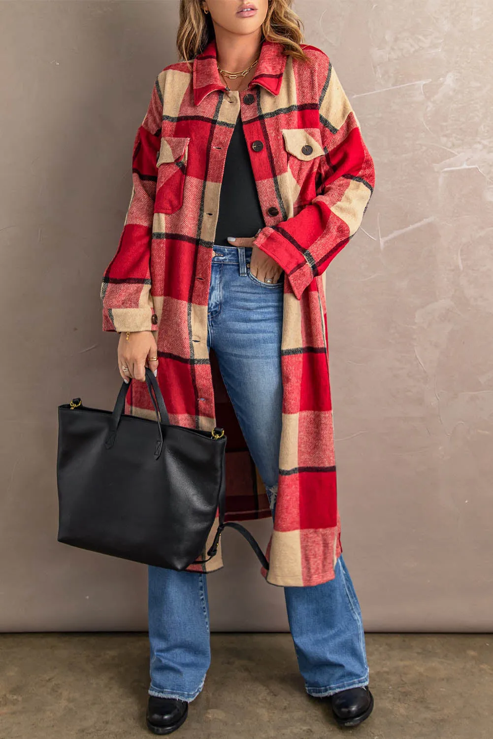 Women's Casual Shacket Jacket Pocketed Plaid Overcoat