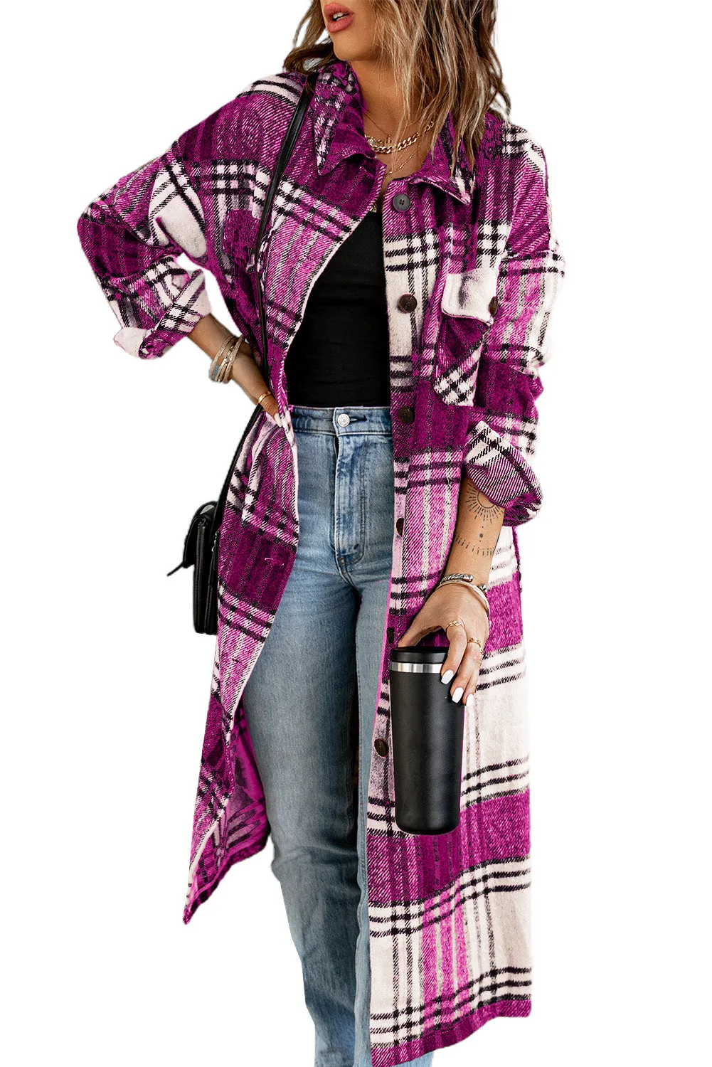 Women's Casual Shacket Jacket Pocketed Plaid Overcoat