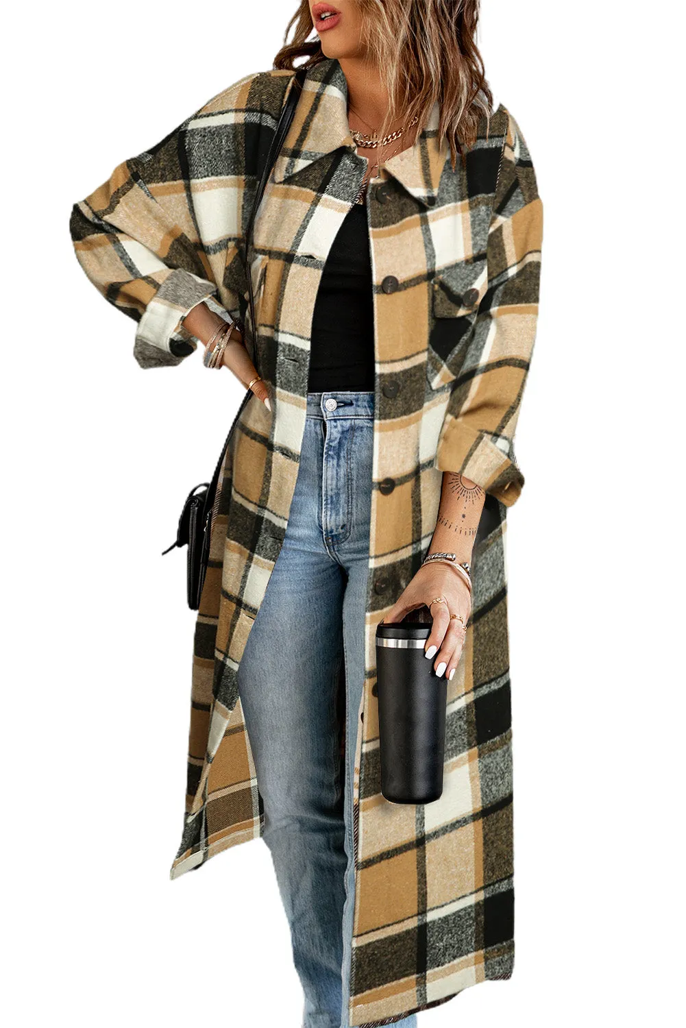 Women's Casual Shacket Jacket Pocketed Plaid Overcoat