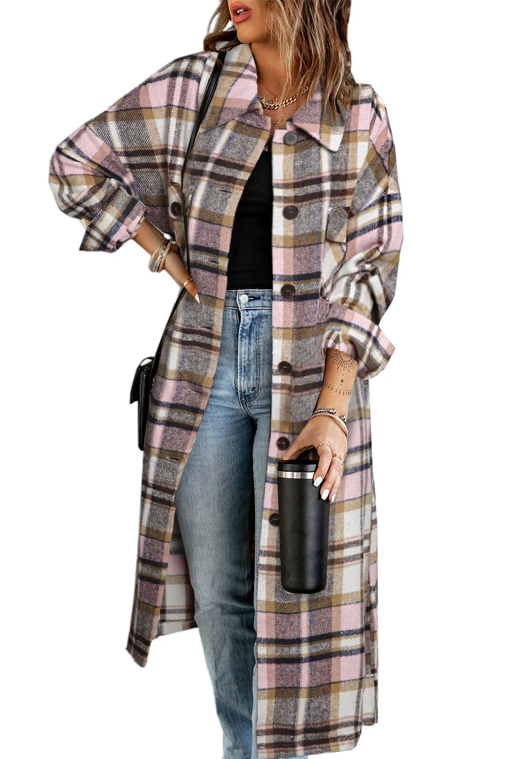 Women's Casual Shacket Jacket Pocketed Plaid Overcoat