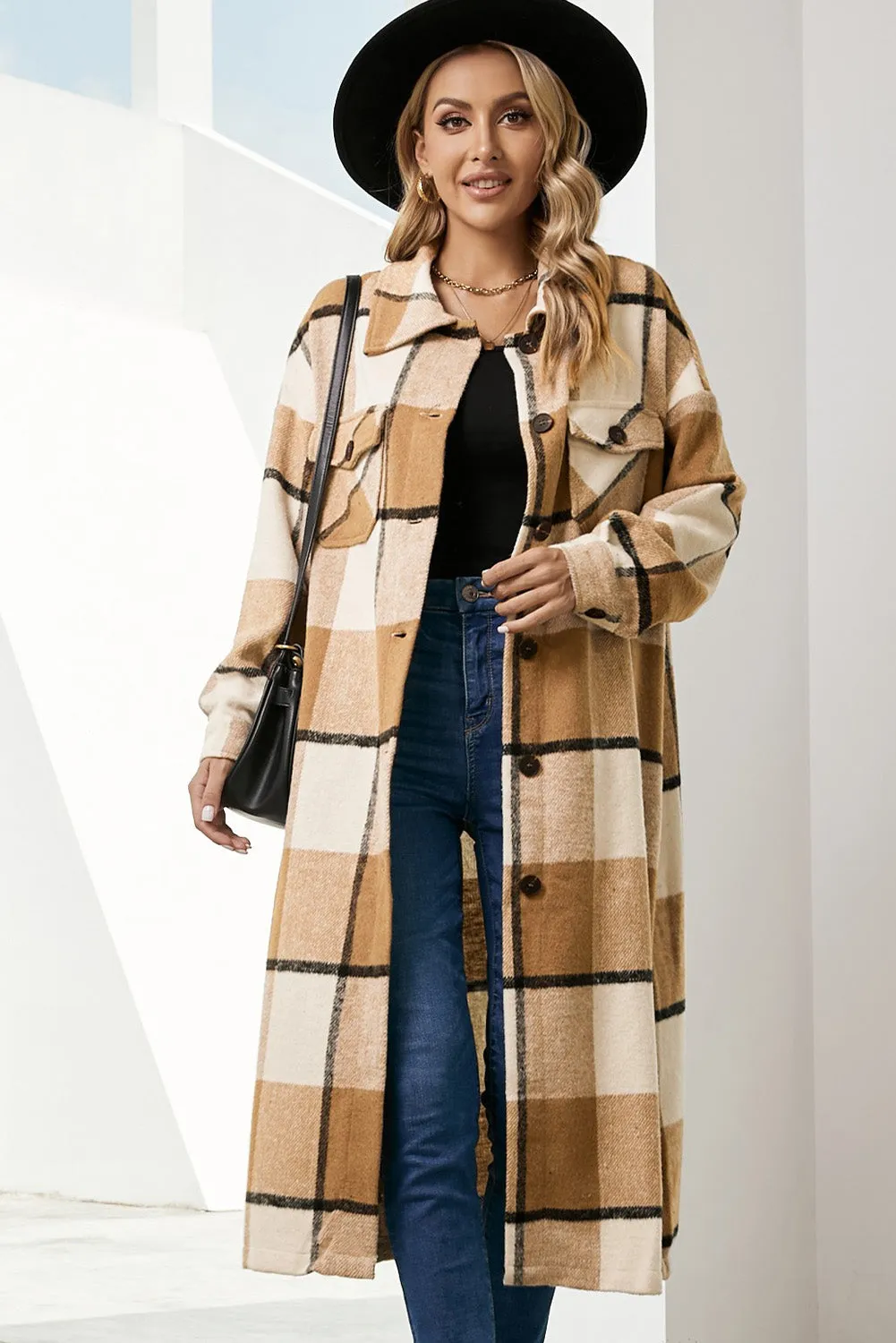 Women's Casual Shacket Jacket Pocketed Plaid Overcoat