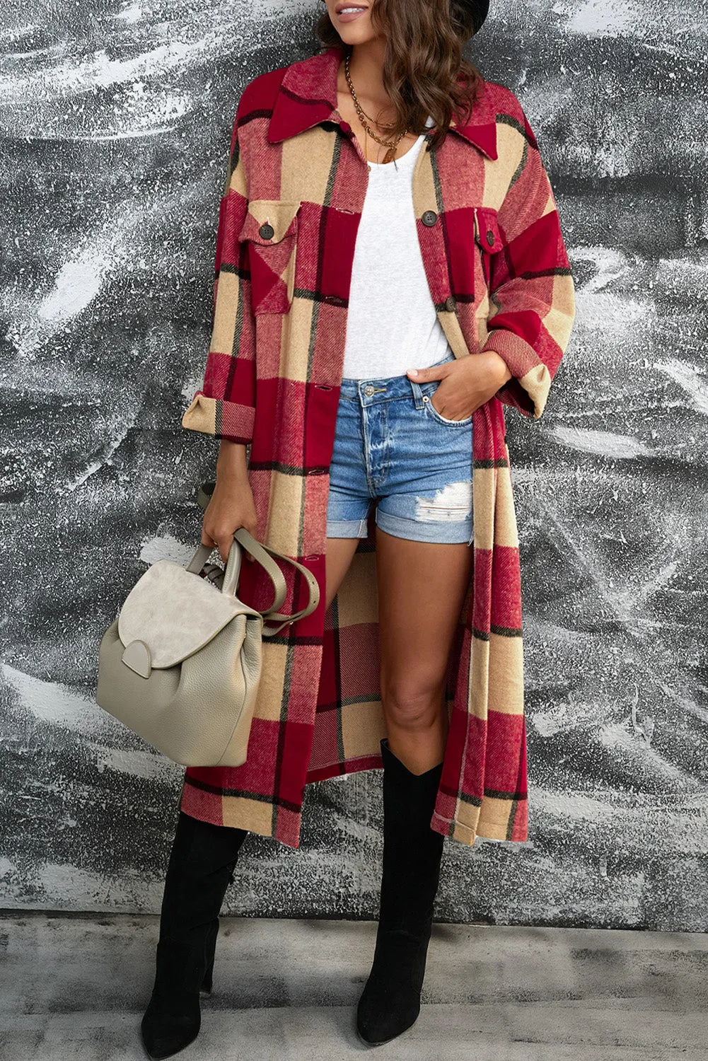 Women's Casual Shacket Jacket Pocketed Plaid Overcoat