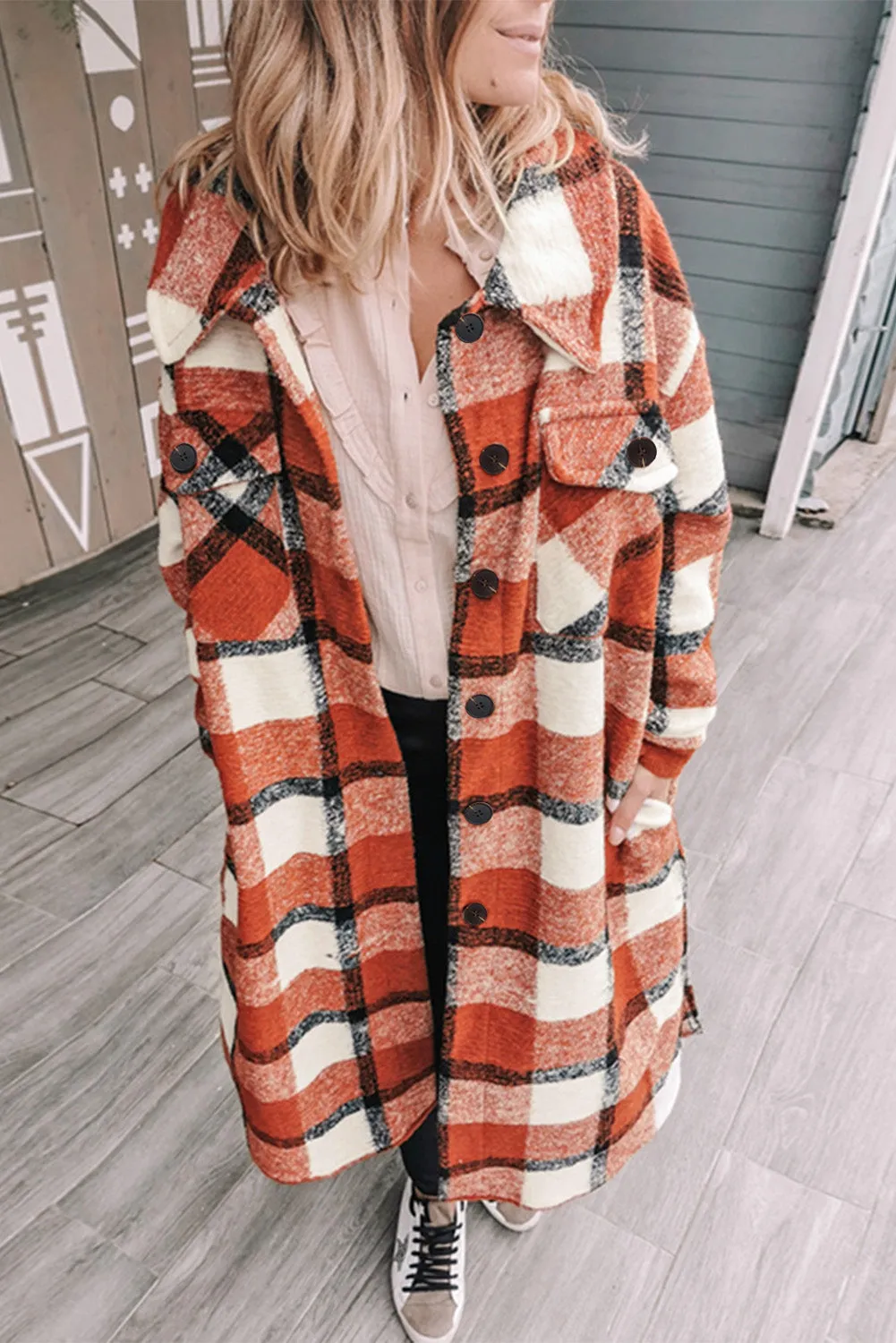 Women's Casual Shacket Jacket Pocketed Plaid Overcoat