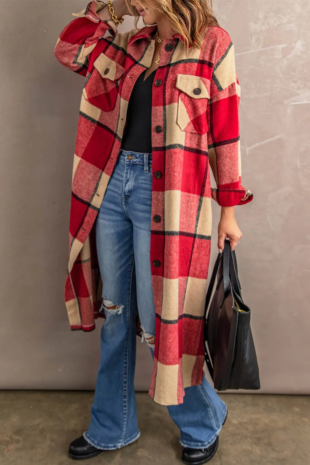 Women's Casual Shacket Jacket Pocketed Plaid Overcoat