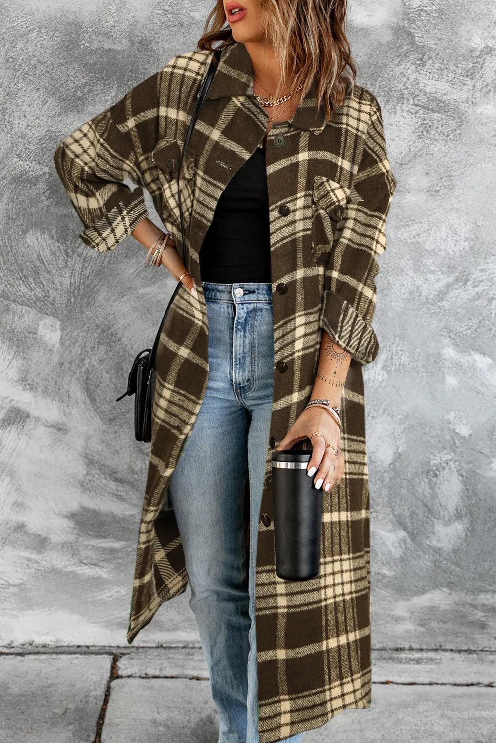 Women's Casual Shacket Jacket Pocketed Plaid Overcoat