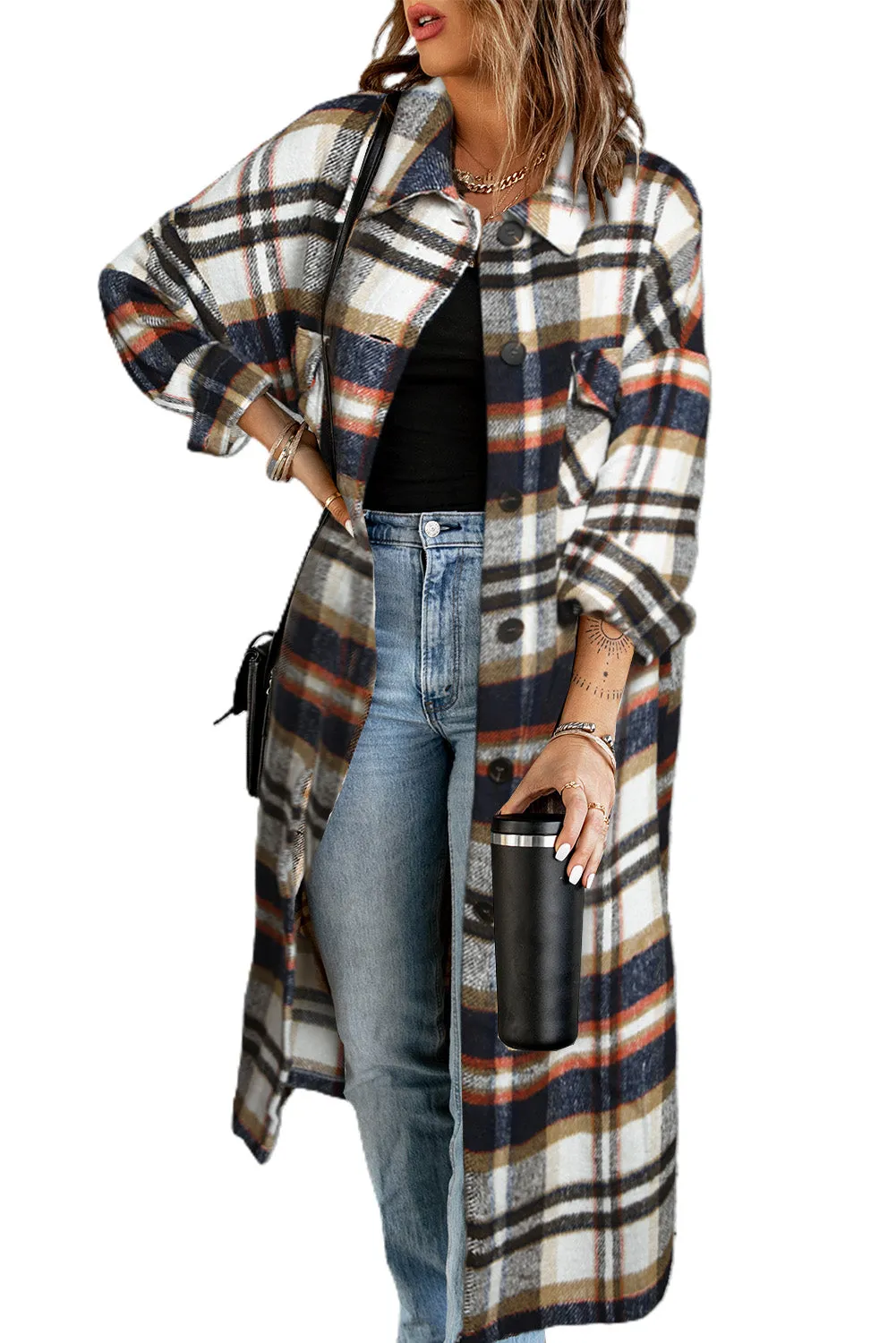 Women's Casual Shacket Jacket Pocketed Plaid Overcoat