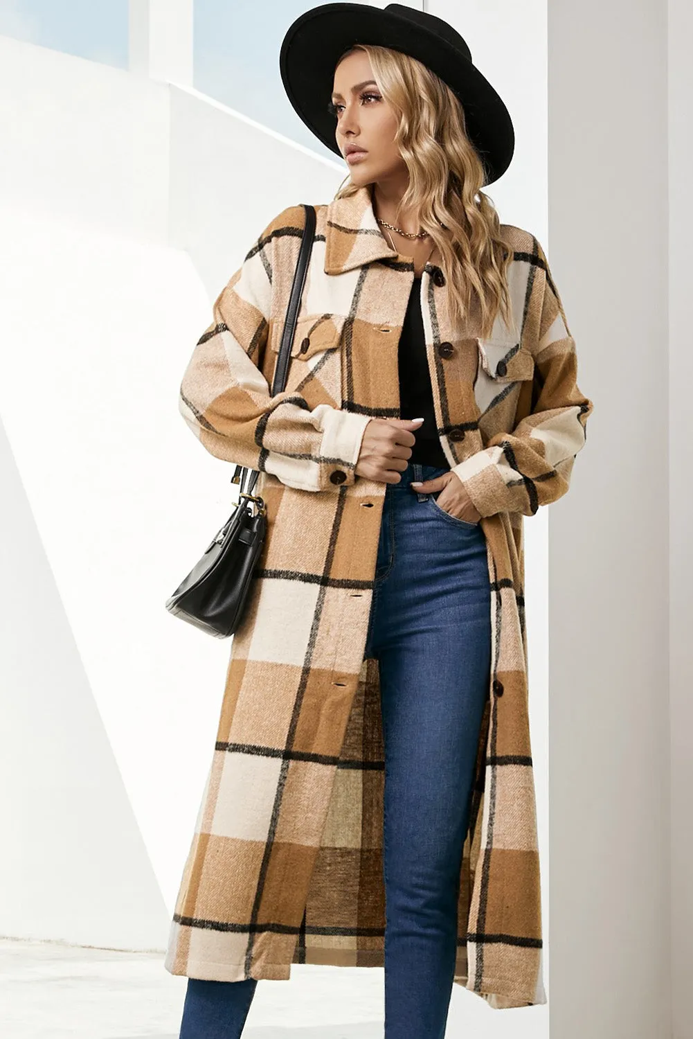 Women's Casual Shacket Jacket Pocketed Plaid Overcoat