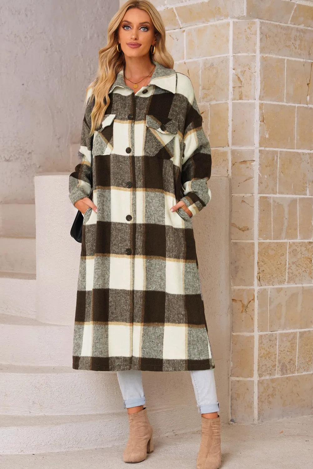 Women's Casual Shacket Jacket Pocketed Plaid Overcoat