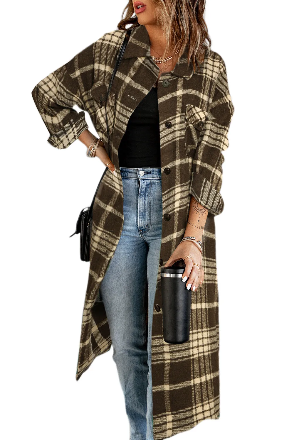 Women's Casual Shacket Jacket Pocketed Plaid Overcoat