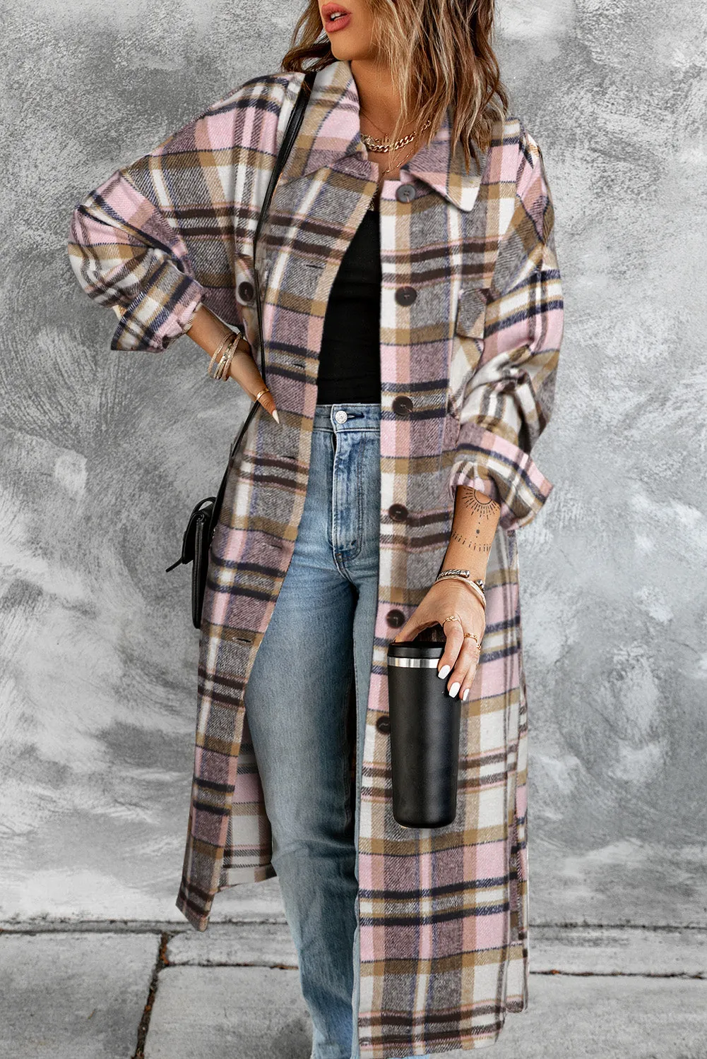 Women's Casual Shacket Jacket Pocketed Plaid Overcoat