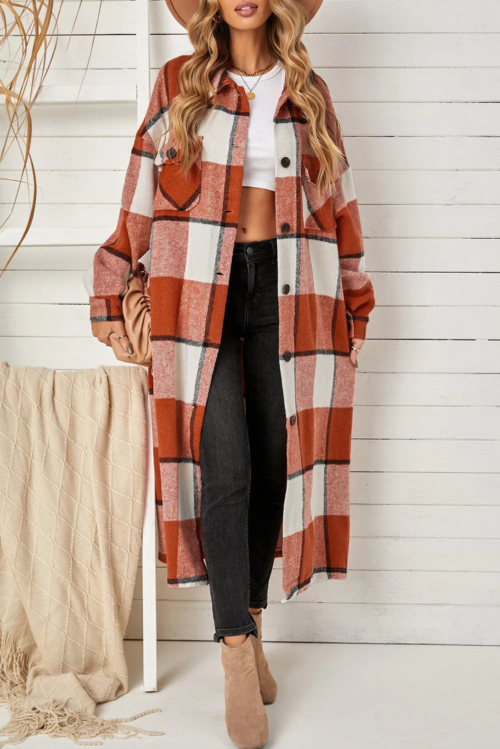 Women's Casual Shacket Jacket Pocketed Plaid Overcoat