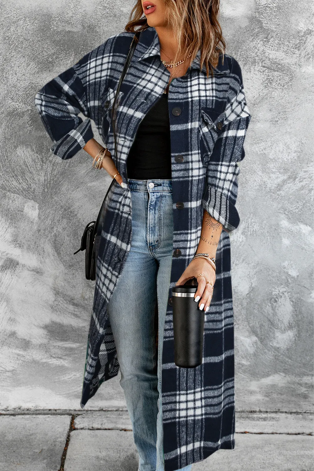 Women's Casual Shacket Jacket Pocketed Plaid Overcoat