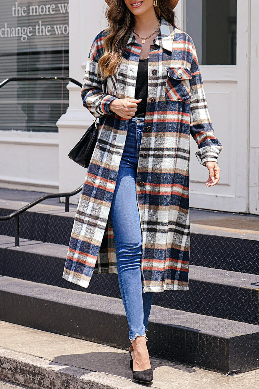 Women's Casual Shacket Jacket Pocketed Plaid Overcoat