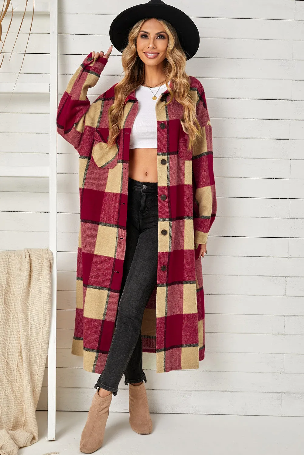 Women's Casual Shacket Jacket Pocketed Plaid Overcoat