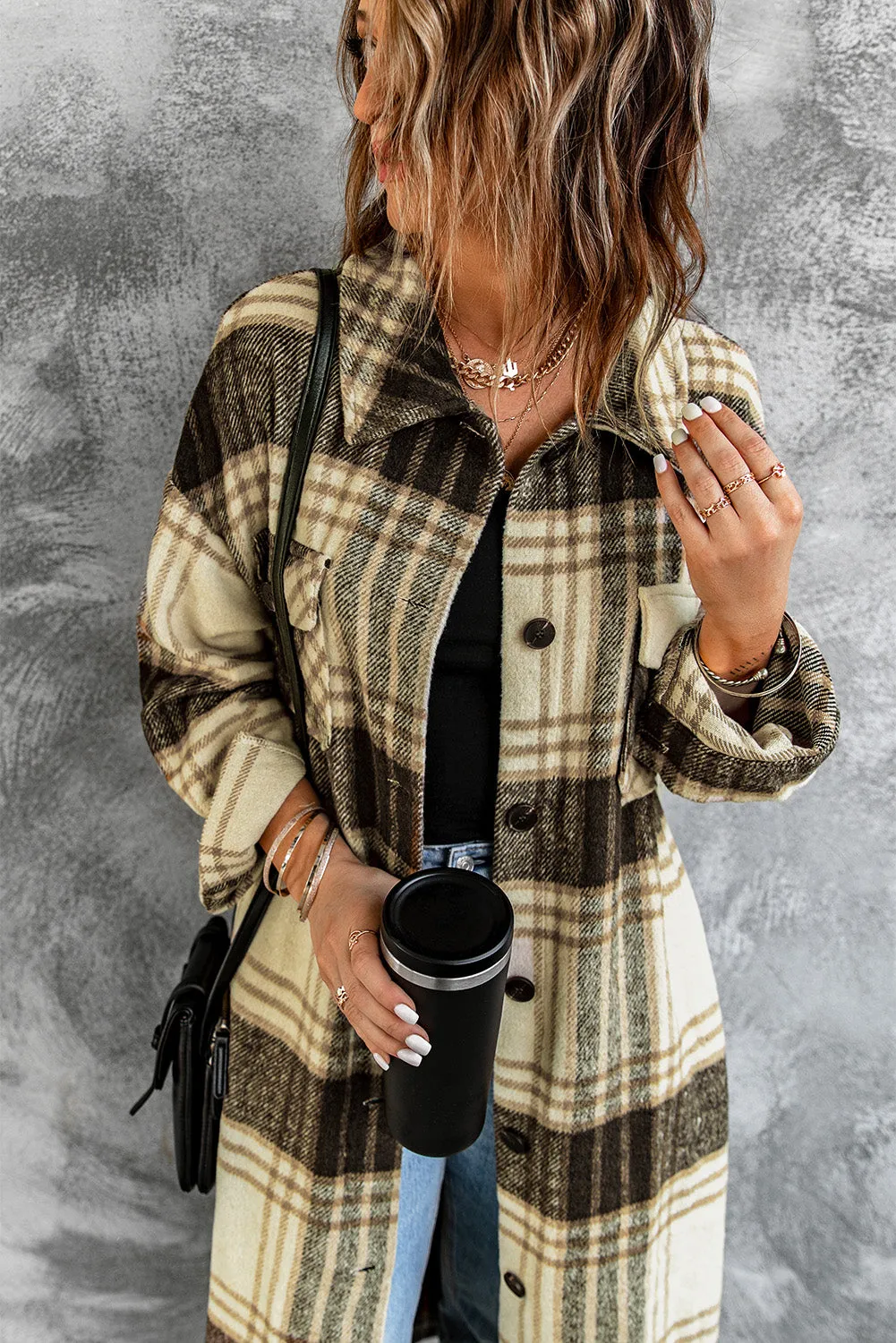 Women's Casual Shacket Jacket Pocketed Plaid Overcoat