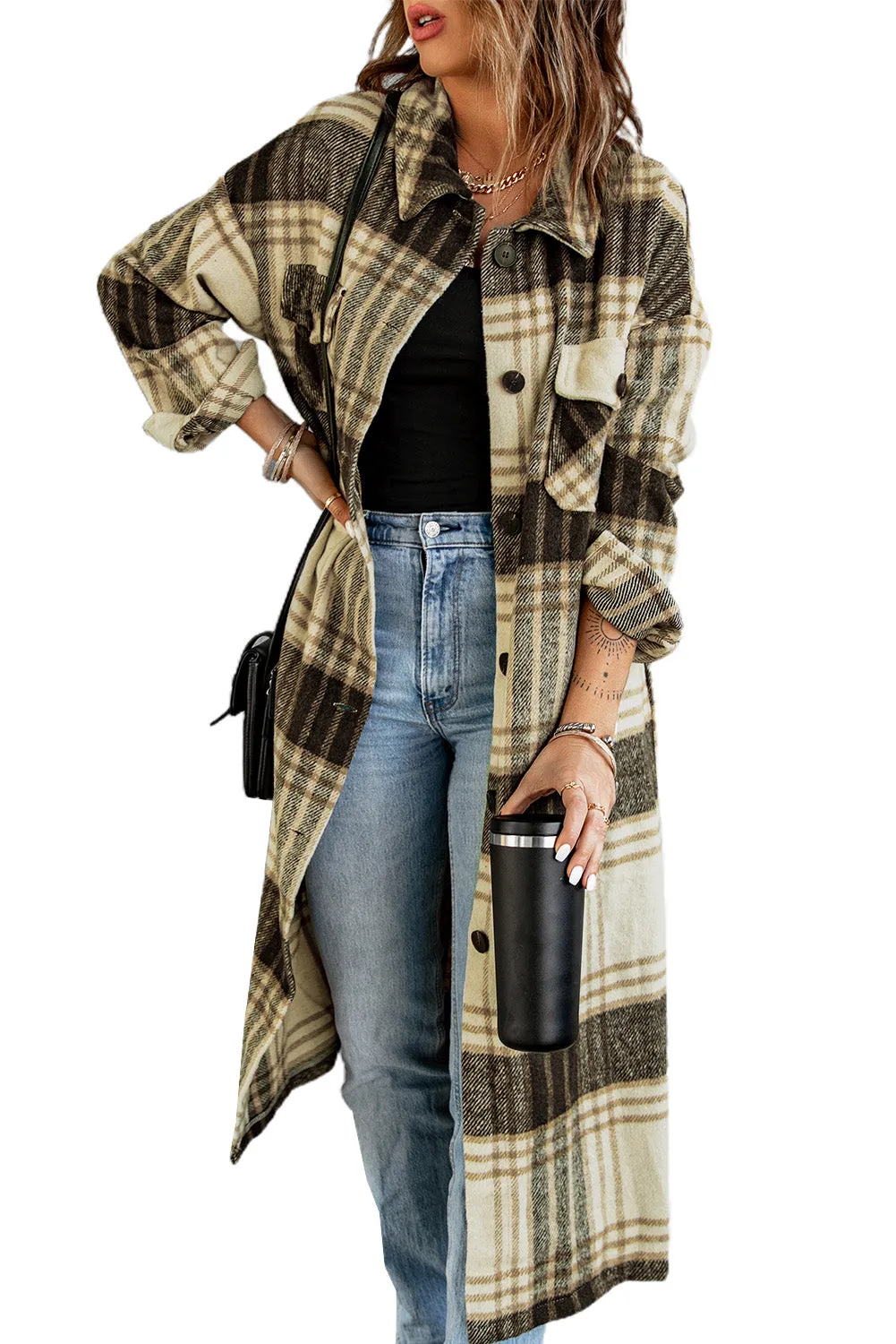 Women's Casual Shacket Jacket Pocketed Plaid Overcoat