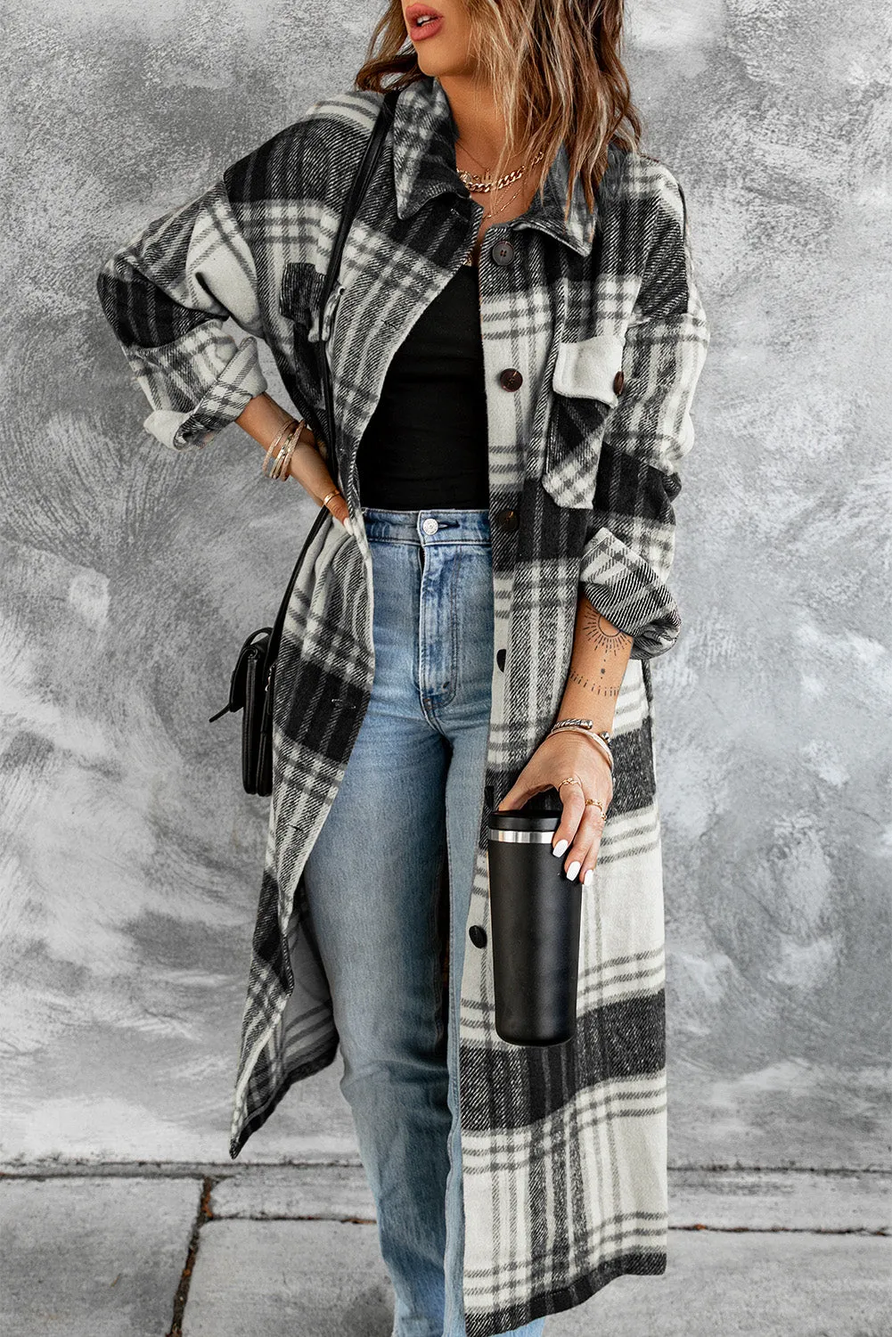 Women's Casual Shacket Jacket Pocketed Plaid Overcoat