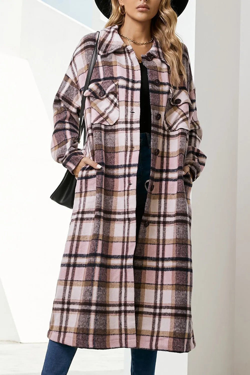 Women's Casual Shacket Jacket Pocketed Plaid Overcoat