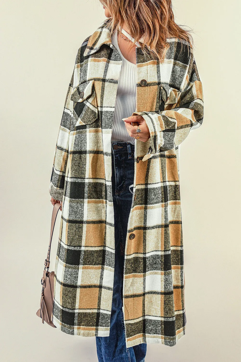 Women's Casual Shacket Jacket Pocketed Plaid Overcoat