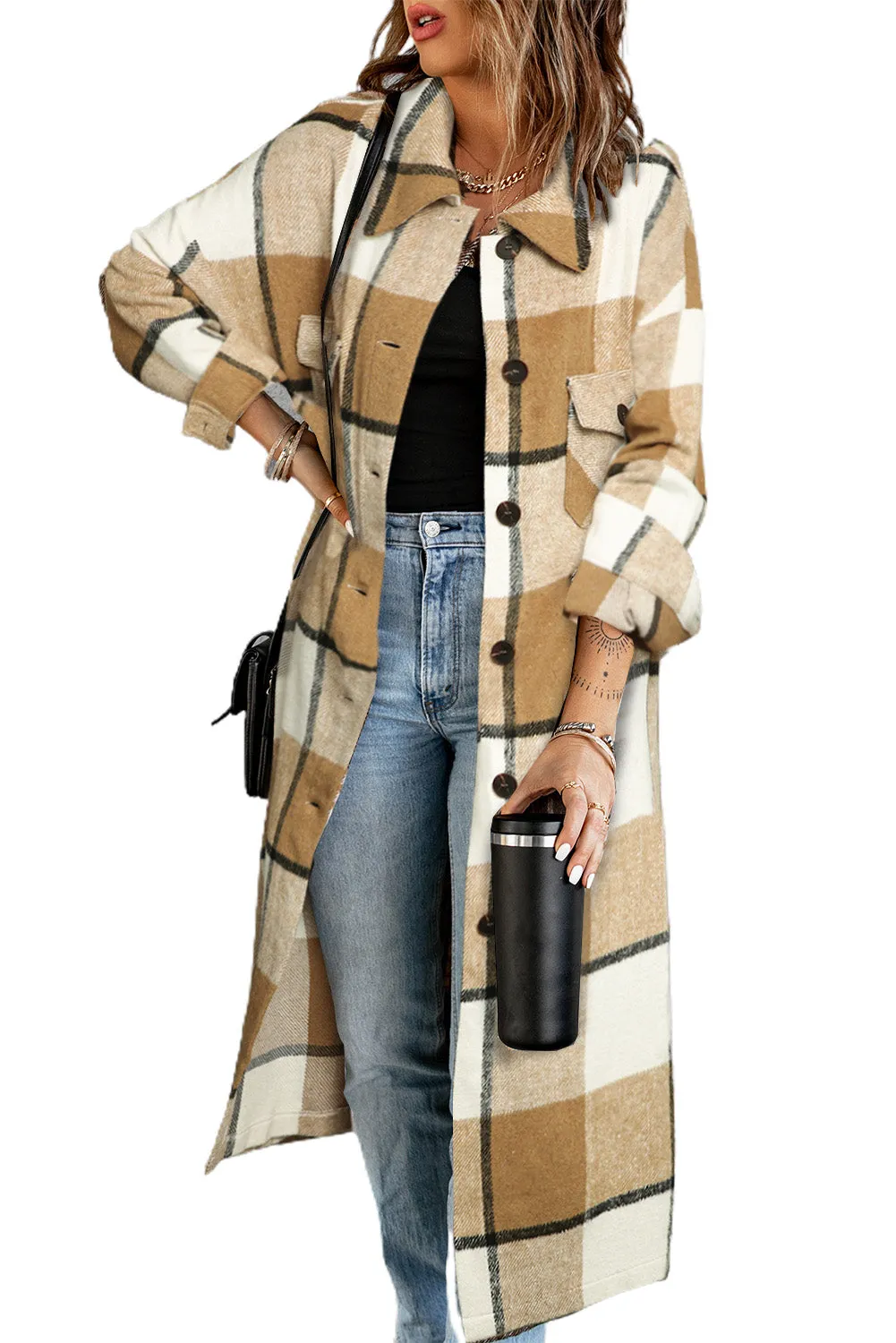 Women's Casual Shacket Jacket Pocketed Plaid Overcoat