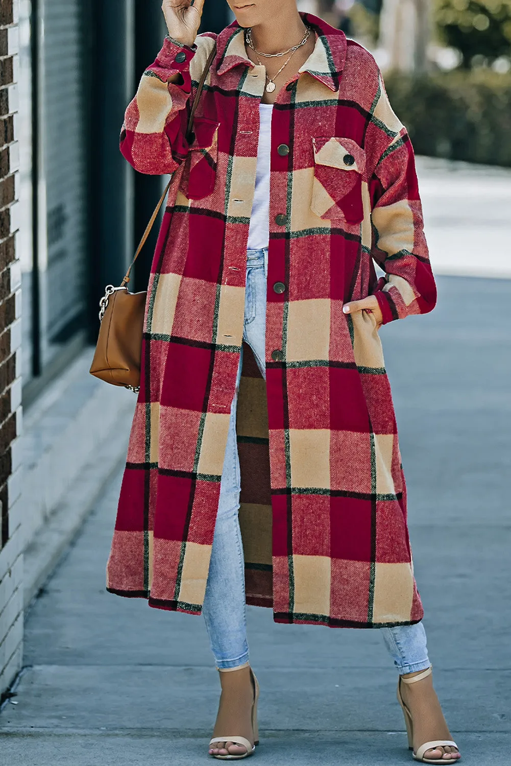 Women's Casual Shacket Jacket Pocketed Plaid Overcoat