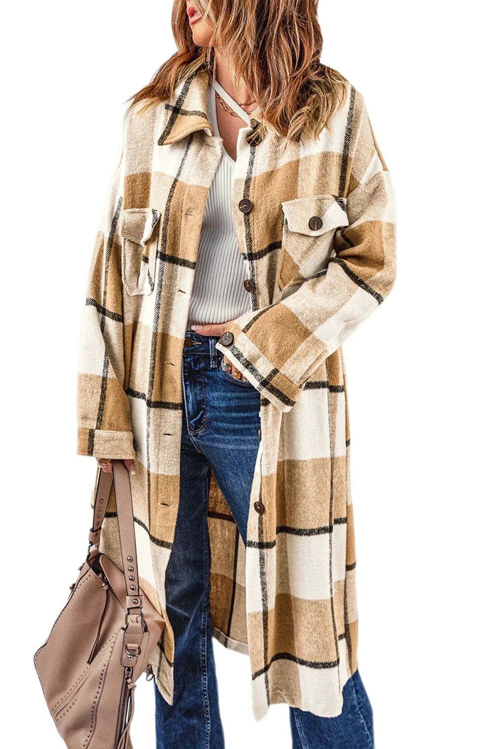 Women's Casual Shacket Jacket Pocketed Plaid Overcoat