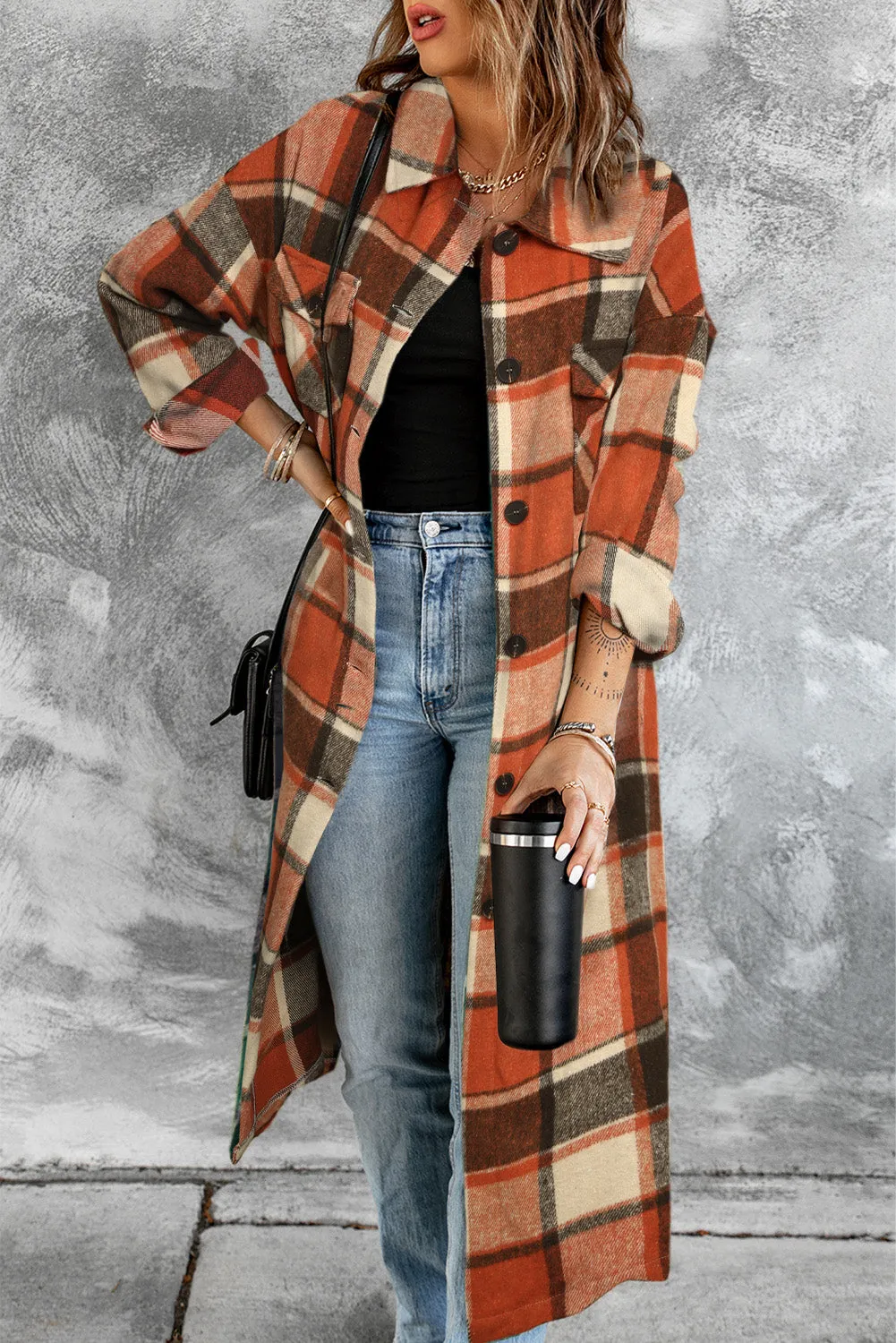 Women's Casual Shacket Jacket Pocketed Plaid Overcoat