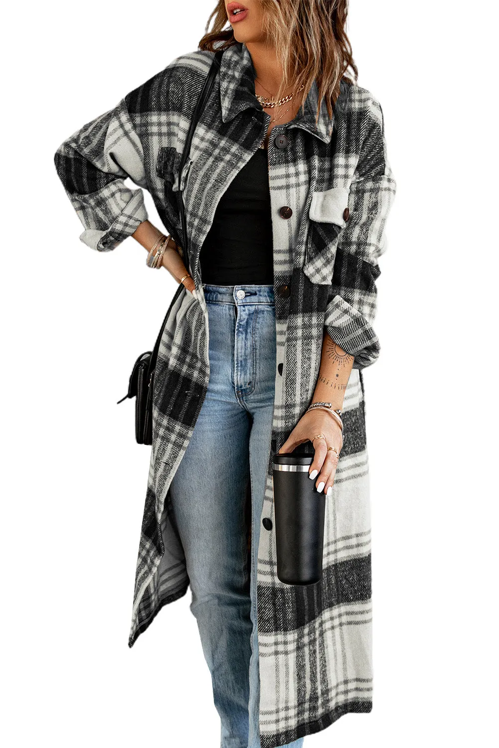 Women's Casual Shacket Jacket Pocketed Plaid Overcoat