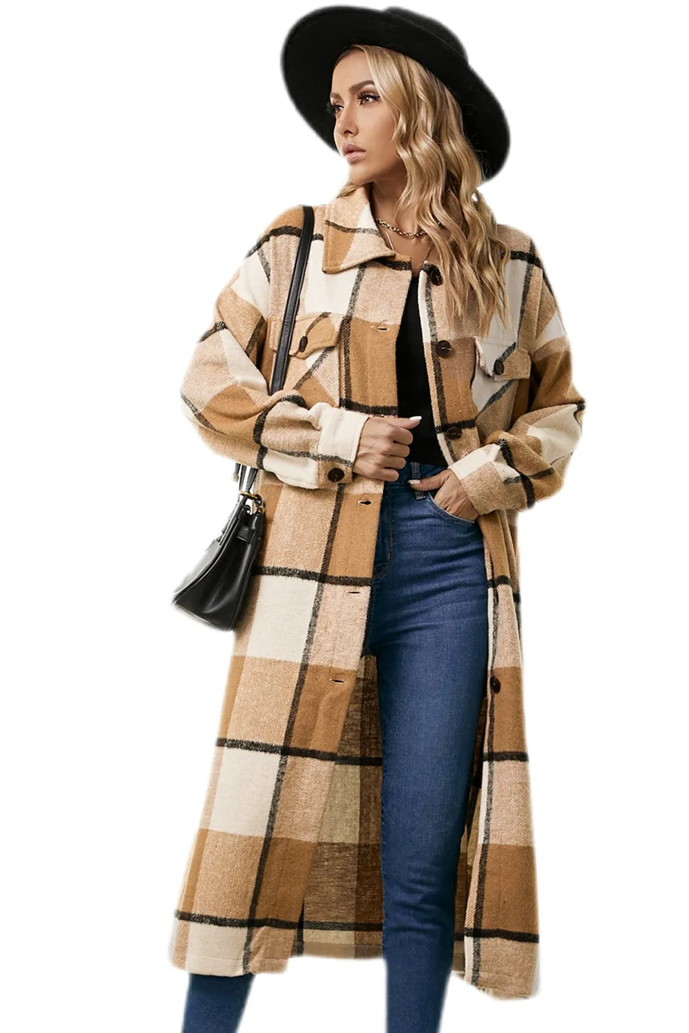 Women's Casual Shacket Jacket Pocketed Plaid Overcoat