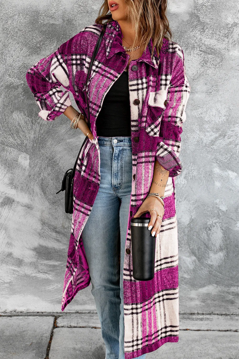 Women's Casual Shacket Jacket Pocketed Plaid Overcoat