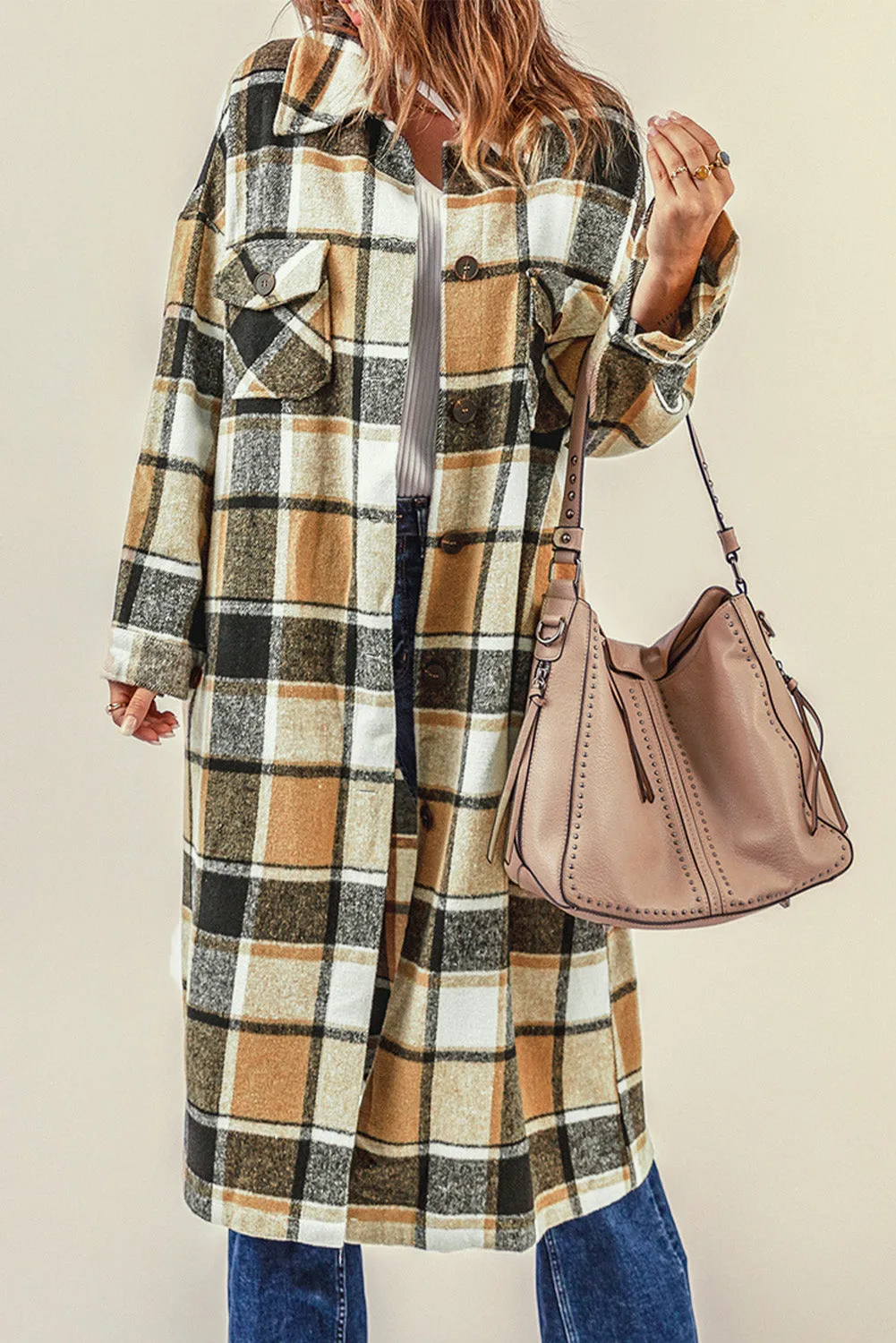 Women's Casual Shacket Jacket Pocketed Plaid Overcoat