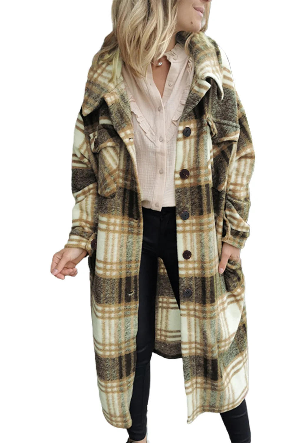 Women's Casual Shacket Jacket Pocketed Plaid Overcoat