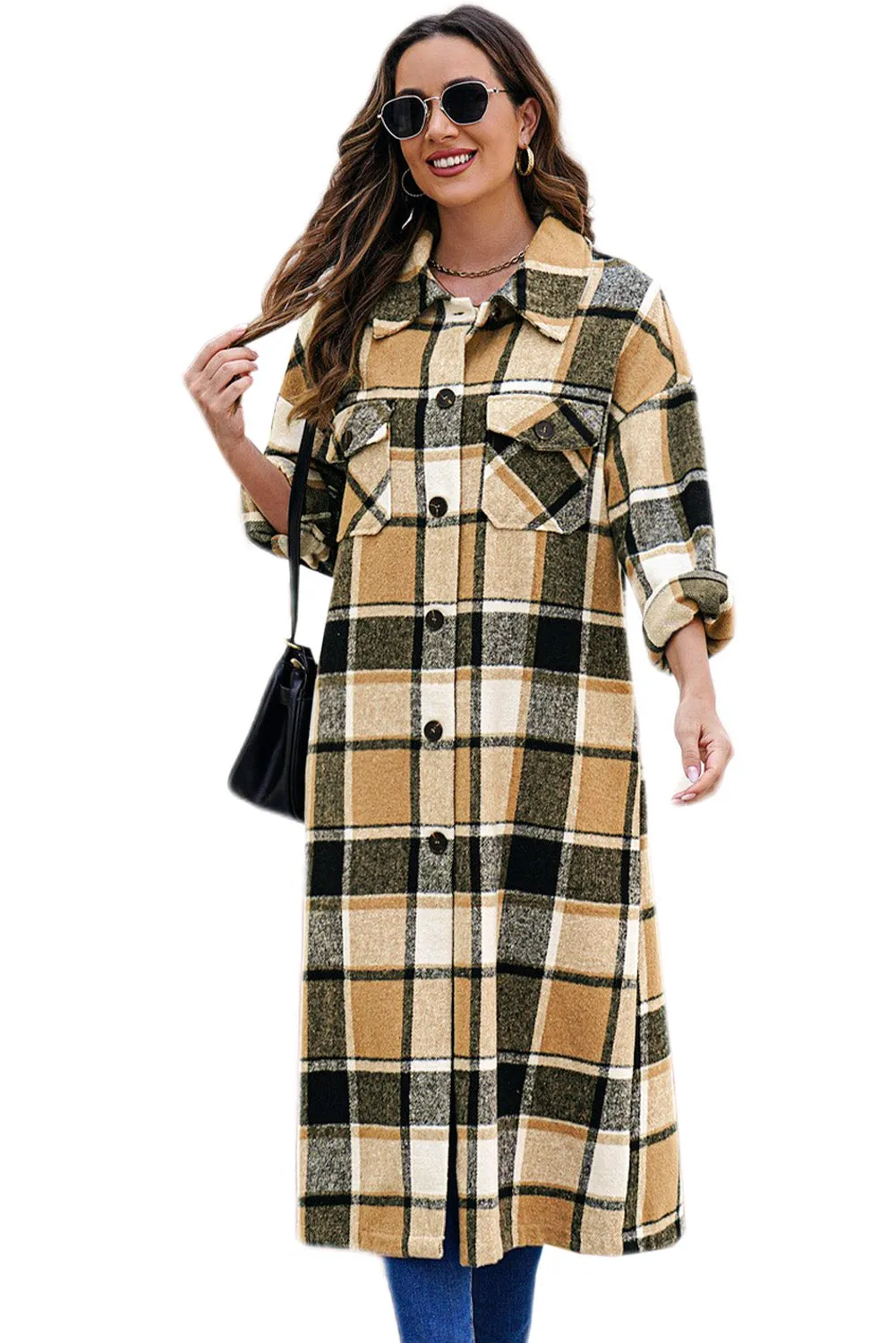 Women's Casual Shacket Jacket Pocketed Plaid Overcoat